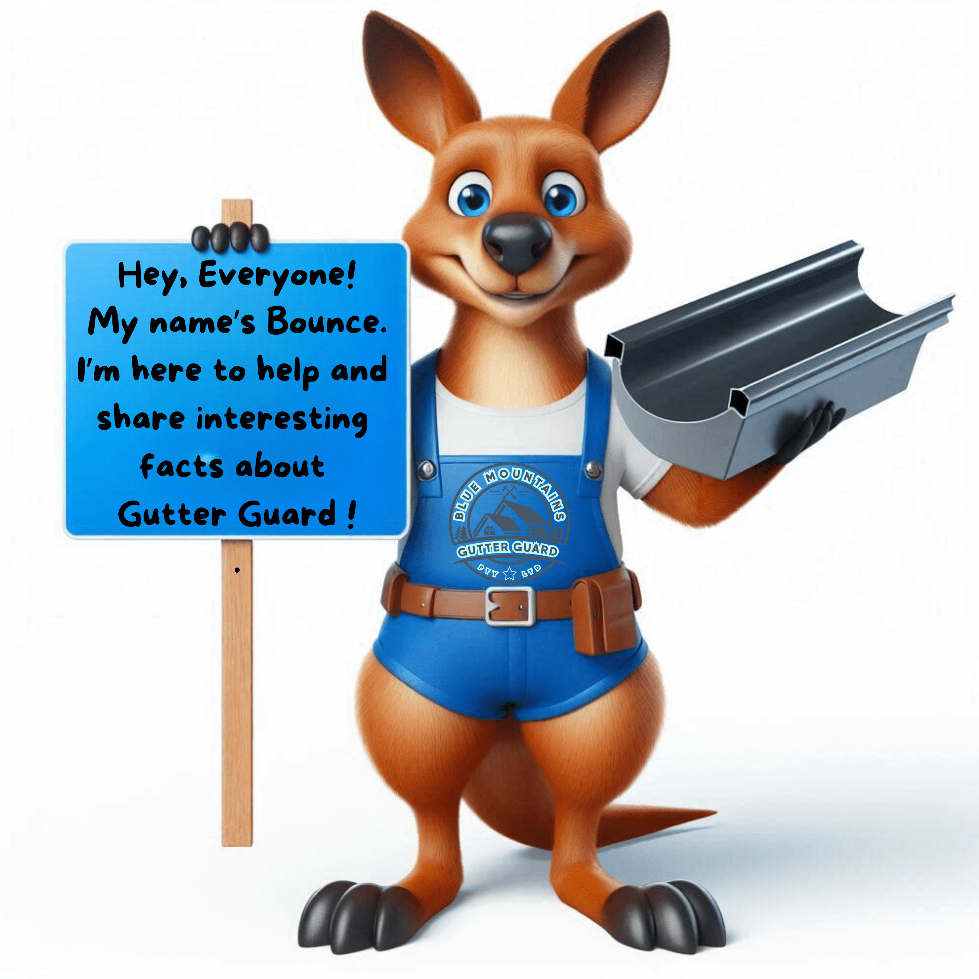 Bounce, the cheerful kangaroo mascot of Blue Mountains Gutter Guard, is here to help and share interesting facts about gutter guards. In this image, Bounce is h