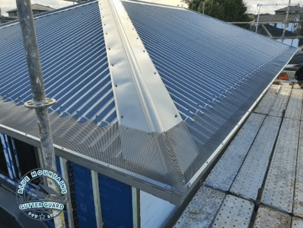 A corrugated roof featuring a newly installed gutter guard, providing optimal protection against leaves and debris.