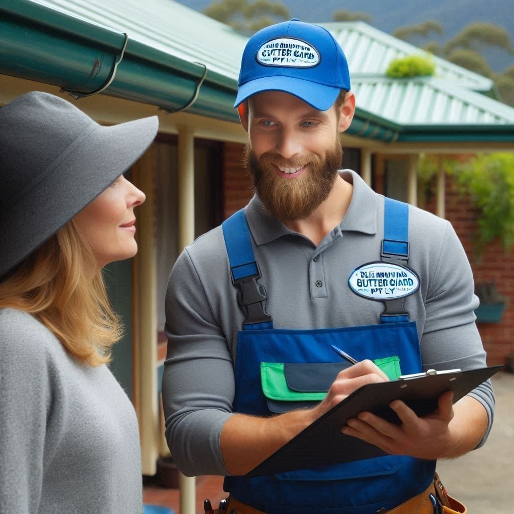 A Blue Mountains Gutter Guard worker talking with a happy customer, showcasing how we personalize solutions to meet every customer’s unique requirements.