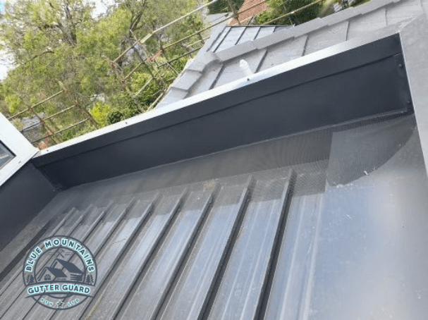 A box gutter featuring a newly installed gutter guard, providing optimal protection against leaves and debris.