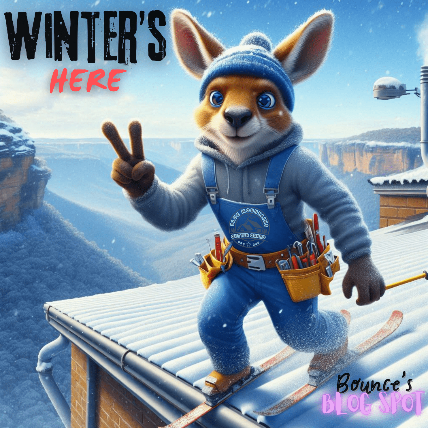 Bounce the kangaroo mascot skiing on a snowy roof, alerting homeowners to the importance of gutter guards in winter to prevent ice dams and other issues.